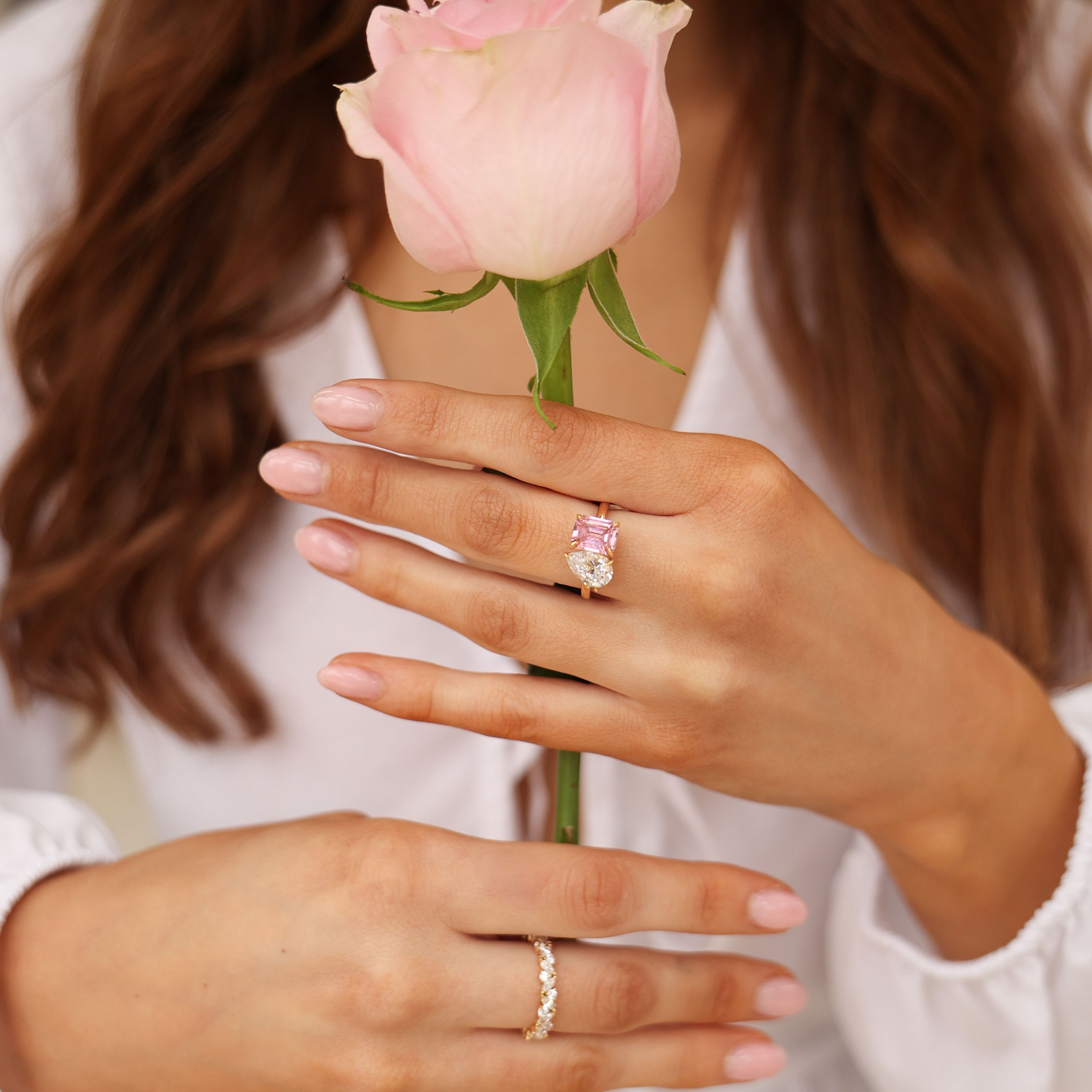 Pink stone promise ring – affordable toi et moi design in gold 18ct , perfect gift for her