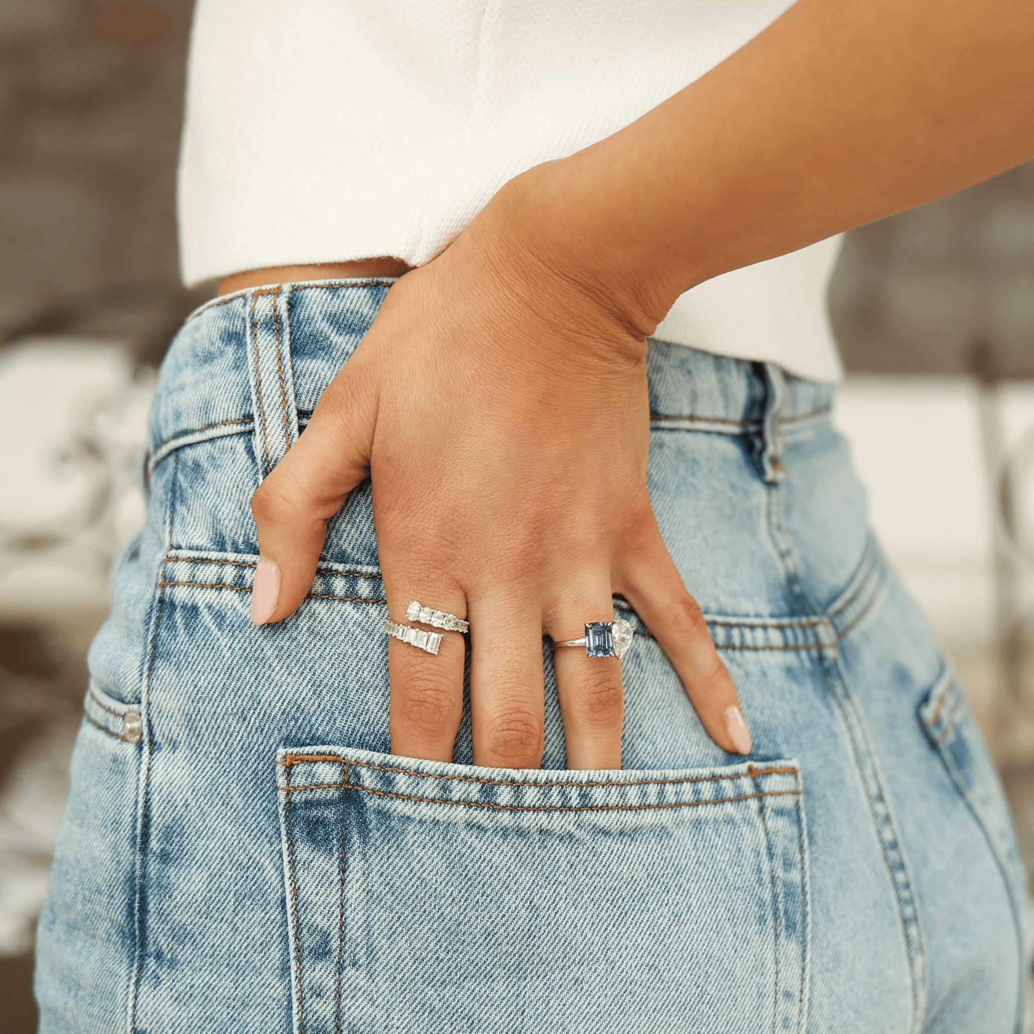 Close-up of blue toi et moi ring – affordable and meaningful jewellery for her