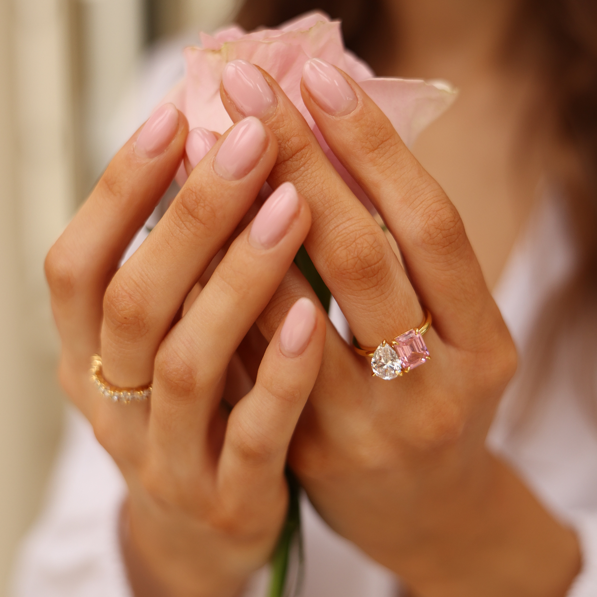 Close-up of pink toi et moi ring – delicate handcrafted promise ring for everyday wear