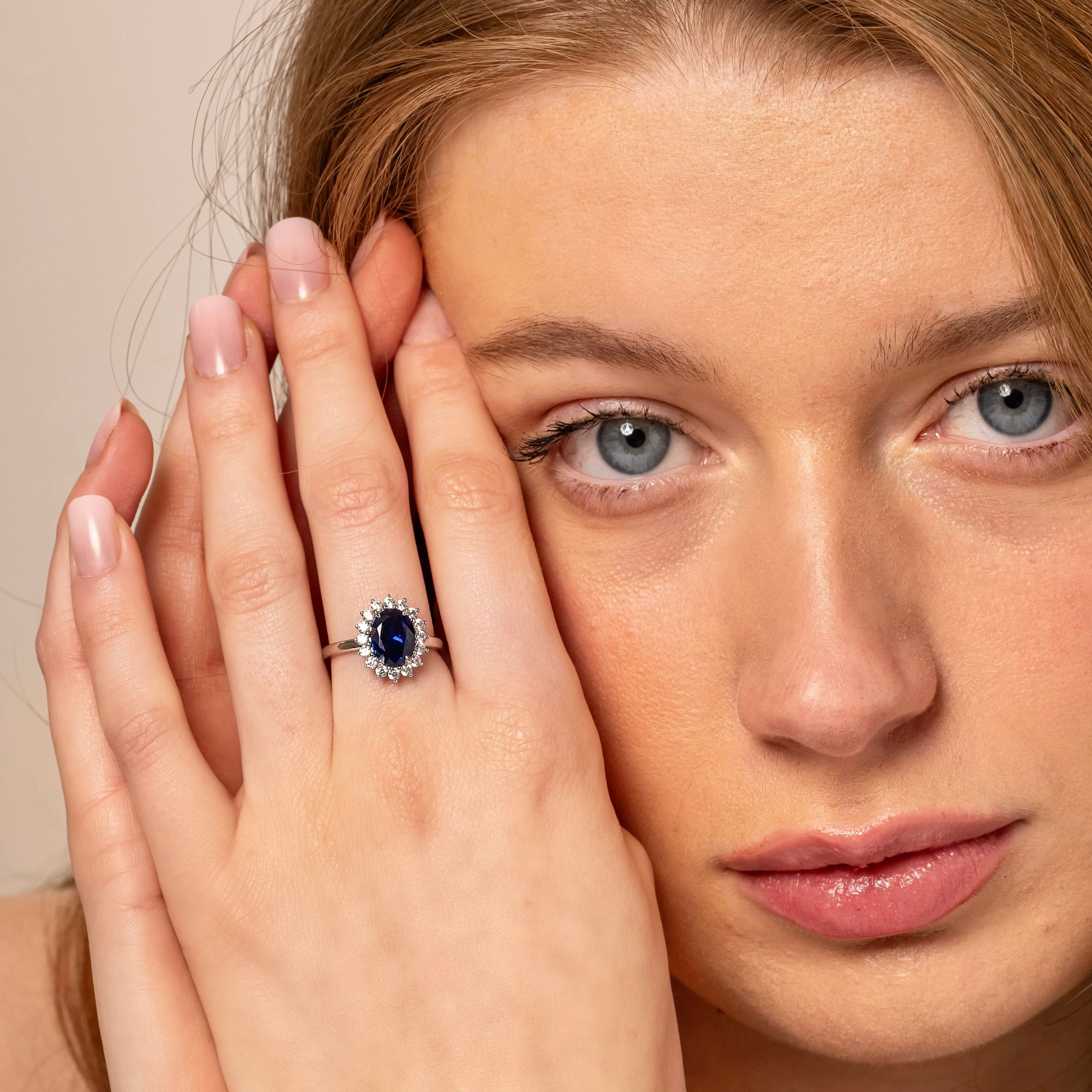 Close-up of sapphire cluster promise ring – elegant affordable jewellery gift